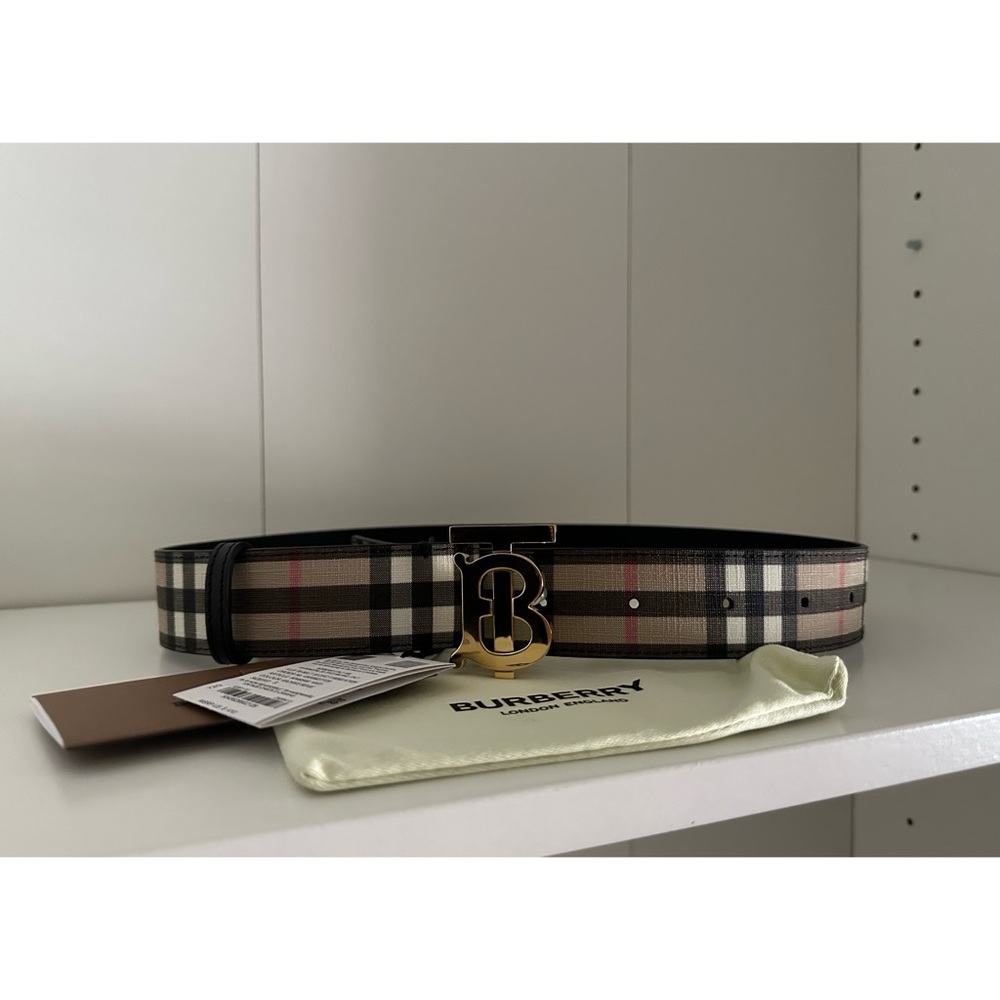 BURBERRY TB BELT 35 NON REVERSIBLE VINTAGE CHECK E-CANVAS NEW